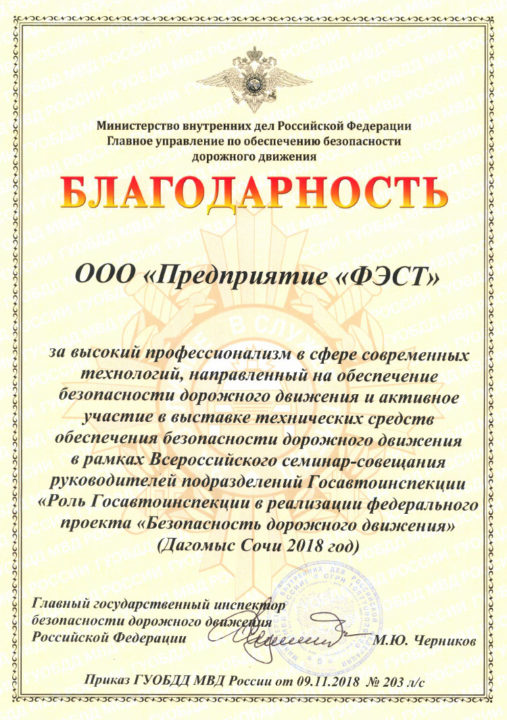 Руководство Госавтоинспекции МВД России выразило благодарность ООО «Предприятие «ФЭСТ» - фото_2